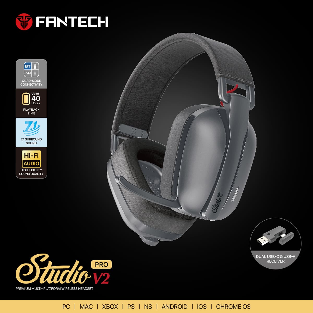 Audífonos 7.1 Inalámbricos Fantech Studio Pro V2 Grey