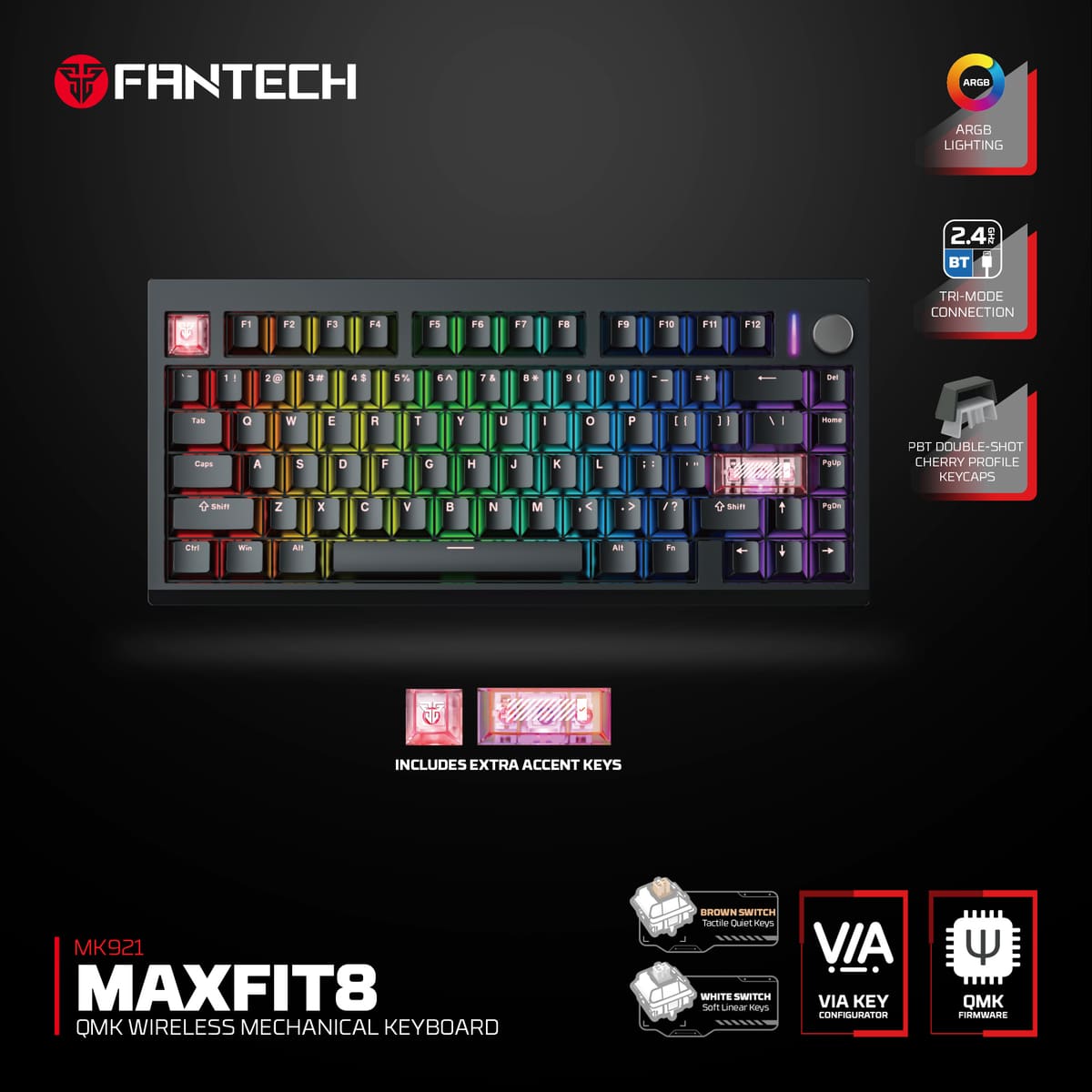 Teclado mecánico inalámbrico Fantech MK921 MAXFIT8 Black (SWITCH BROWN)