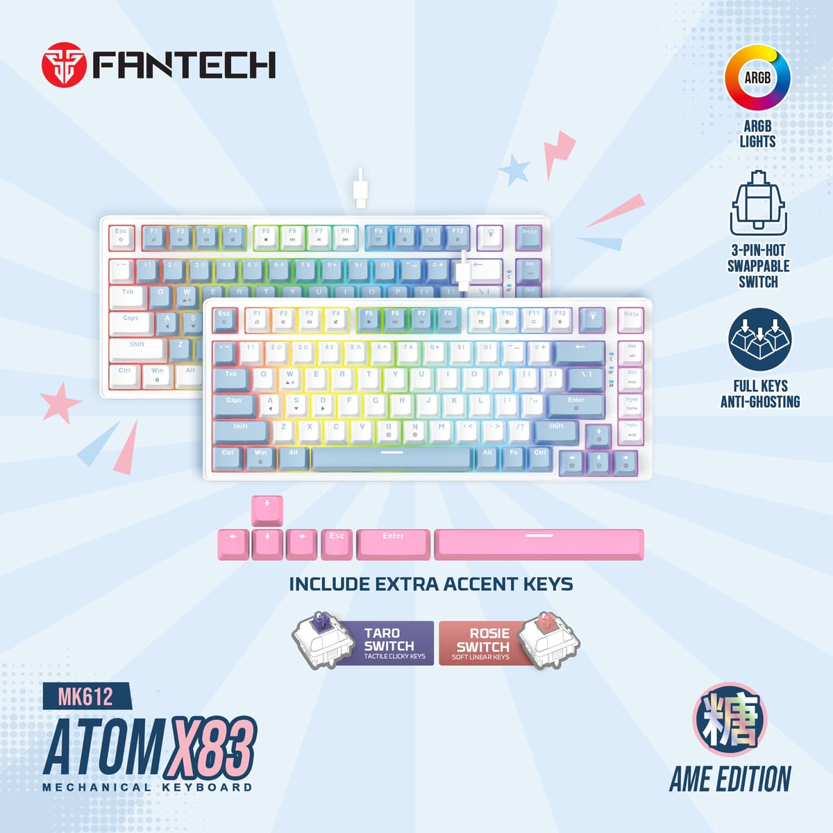 Teclado mecánico 75% USB MK612 ATOM X83 RGB White AME Edition (SWITCH ROSIE)